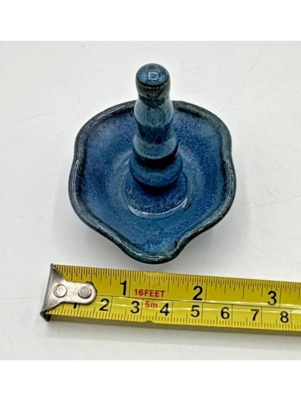 Vintage Studio Pottery Ring Holder Dish Blue Gray Glazed Ruffled Edge Signed